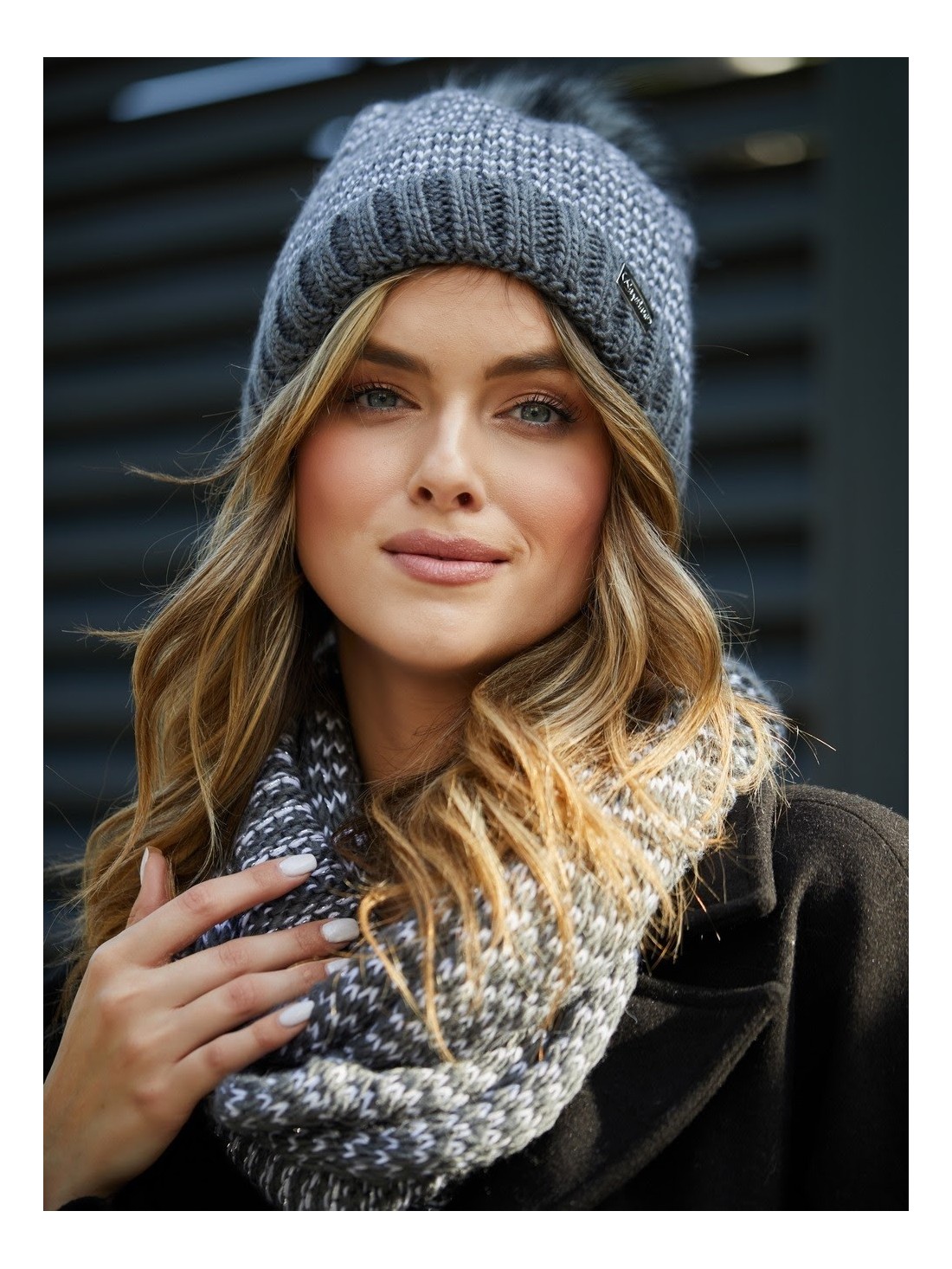 Winter set of hat with herringbone scarf, graphite C45 - Online store - Boutique